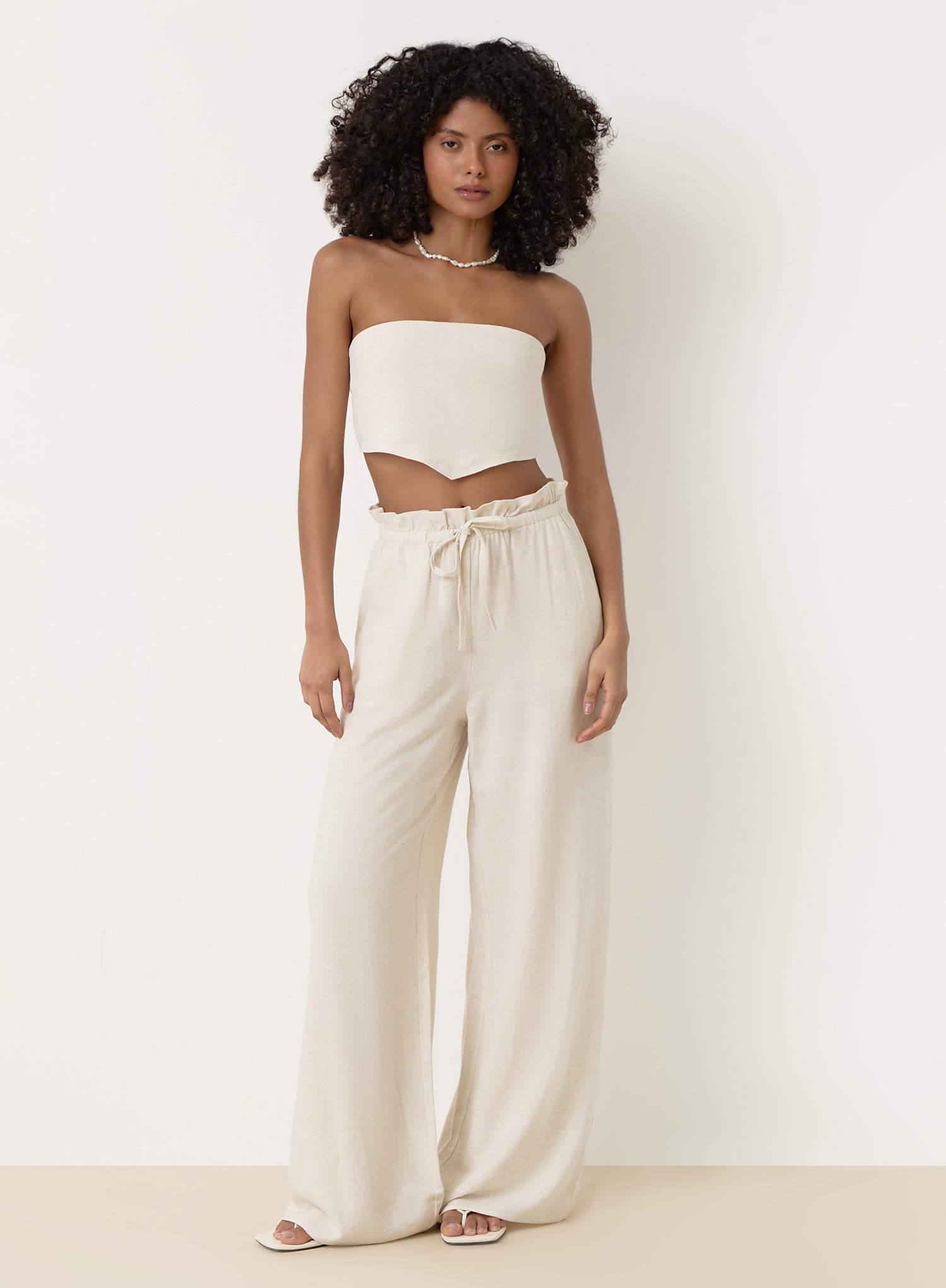 Beige Linen Drawstring Waist Trouser
